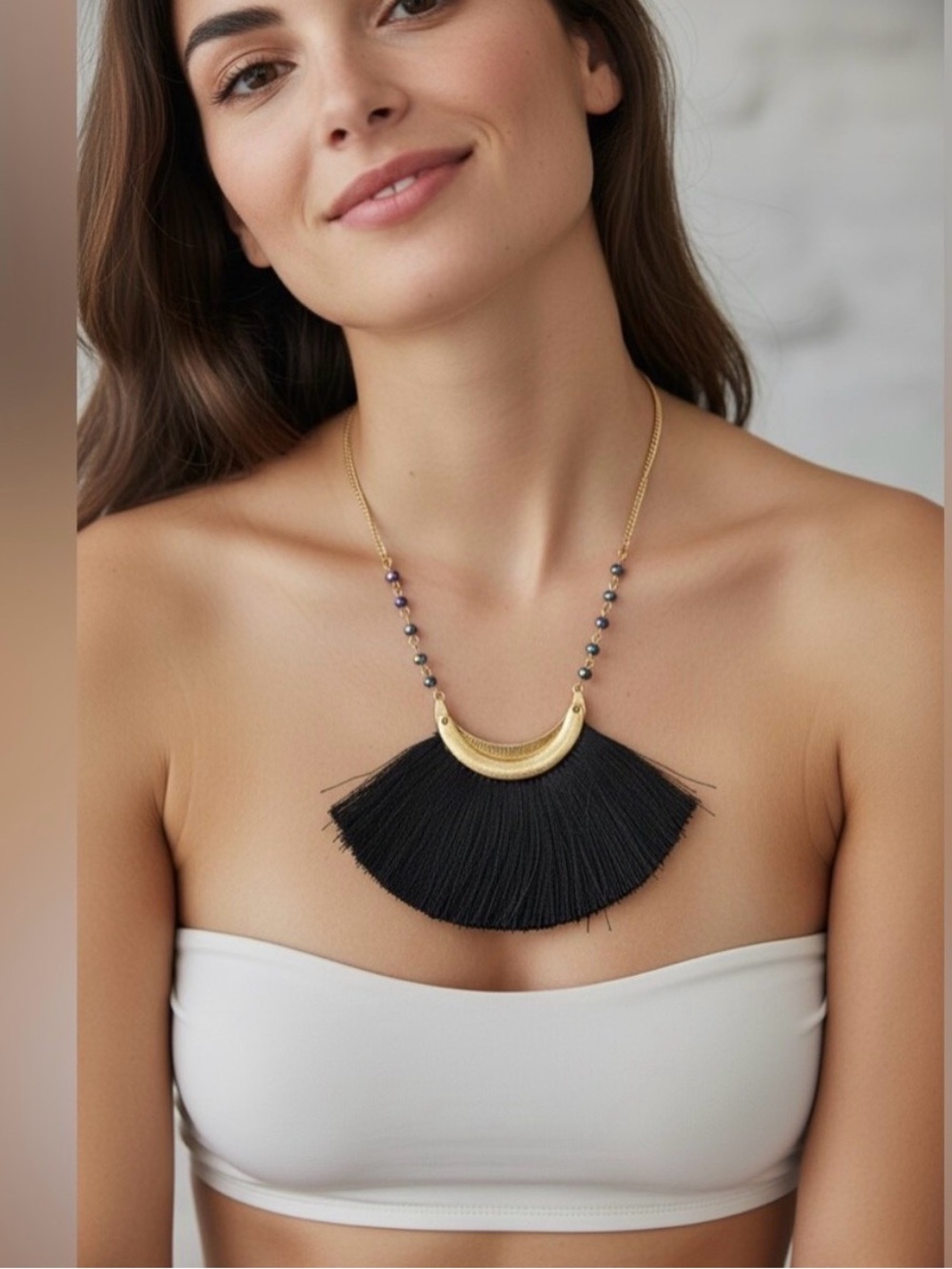 ELEGANT BLACK FRINGE NECKLACE & MATCHING EARRING SET (FREE GIFT INCLUDED!)